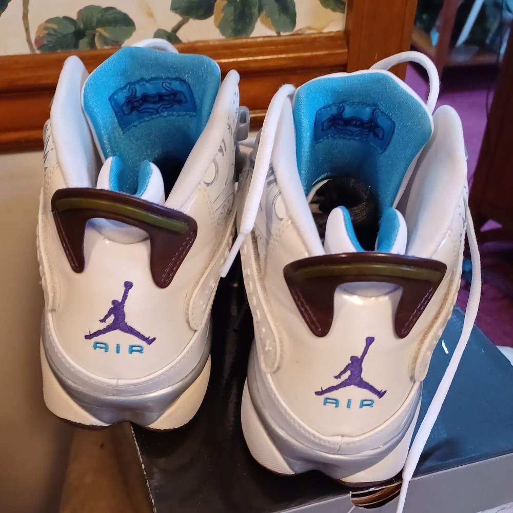 Ever so gently worn (2x), JORDAN 6 RINGS sz 12 white and teal patent leather.